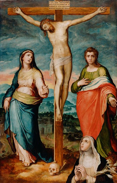 Christus am Kreuz mit den Heiligen Maria, Johannes dem Evangelisten und Katharina von Siena, um 1570 von Marco Pino